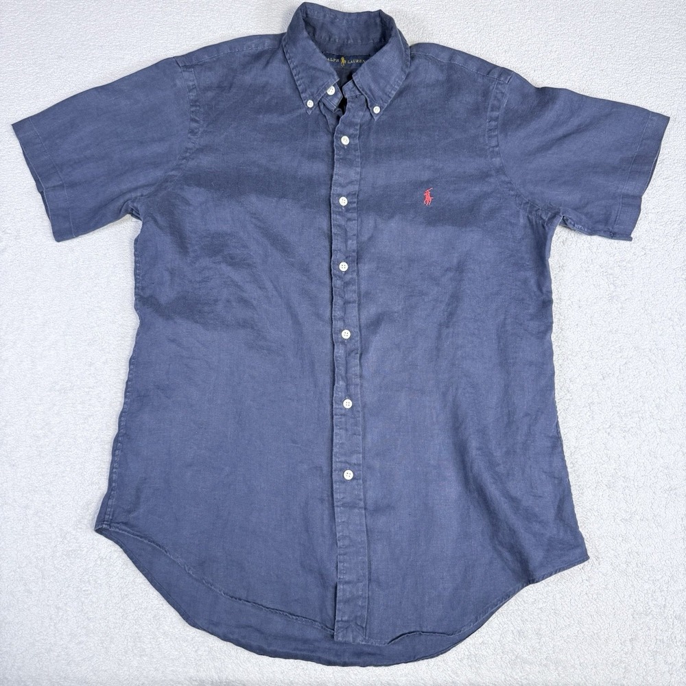 Polo Ralph Lauren Shirt Mens M Blue Linen Short Sleeve Button Down Pony Logo